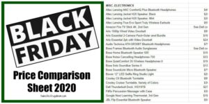 Black Friday Price Comparison Sheet 2020