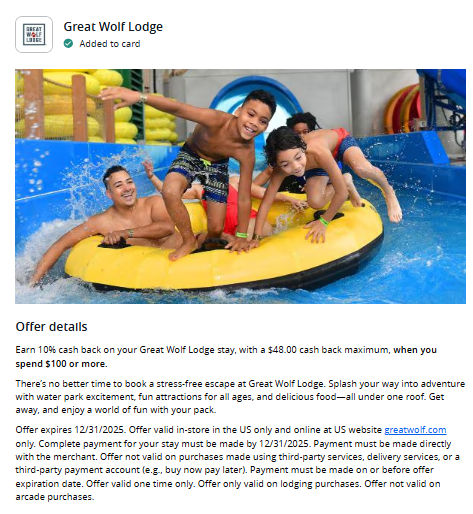 Great Wolf Lodge Chase Cash Back